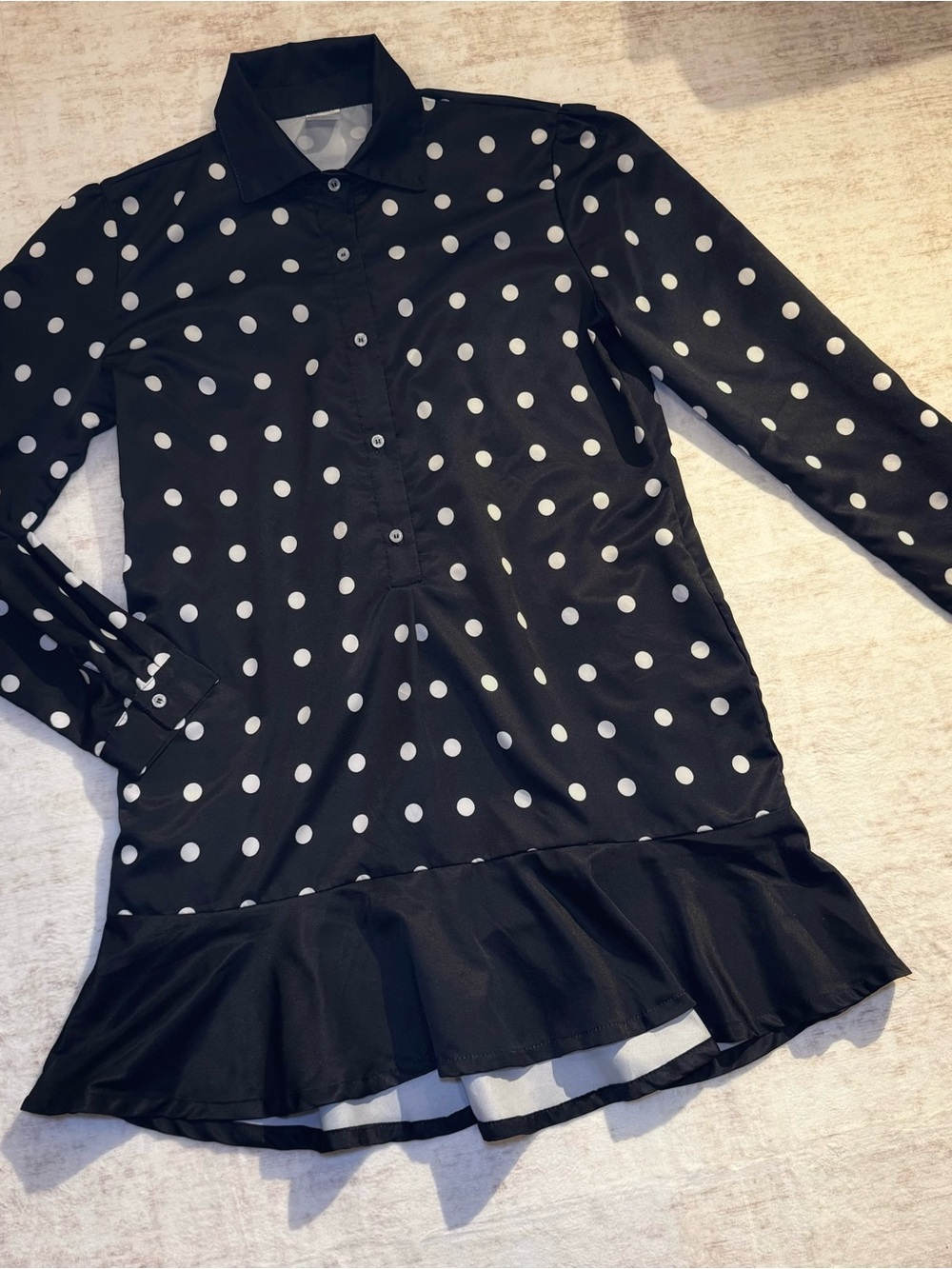 Black Polka Dot Long Sleeve Ruffle Hem Dress